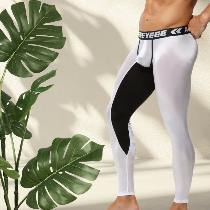 Men’s Two-Tone Satin Low-Rise 3D Pouch Compression Leggings - JEWYEE AY 737