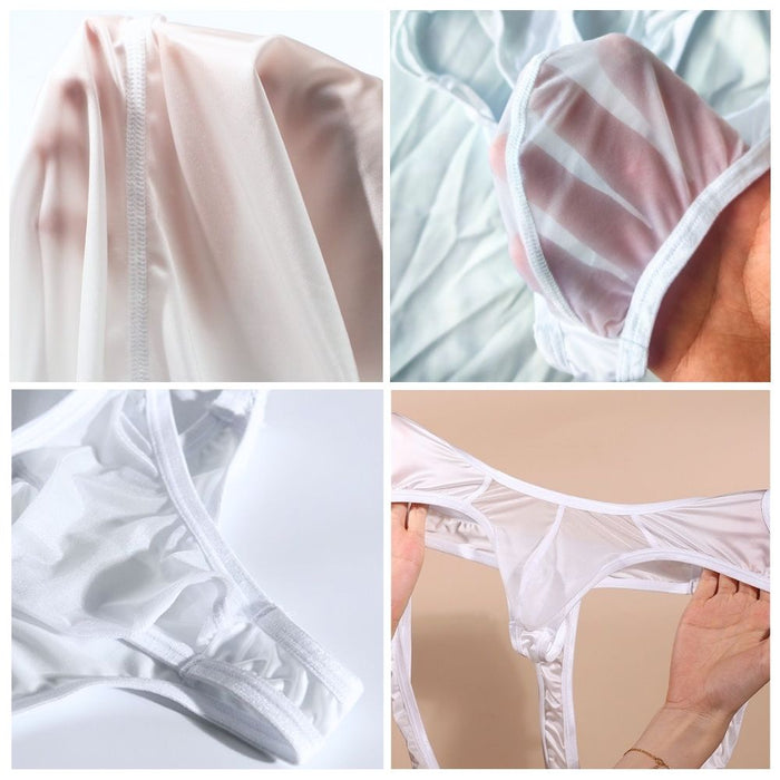 Men’s Sheer Satin Ice Silk Thong Bodysuit – See-Through, Backless & Body-Shaping JEWYEE AY 701