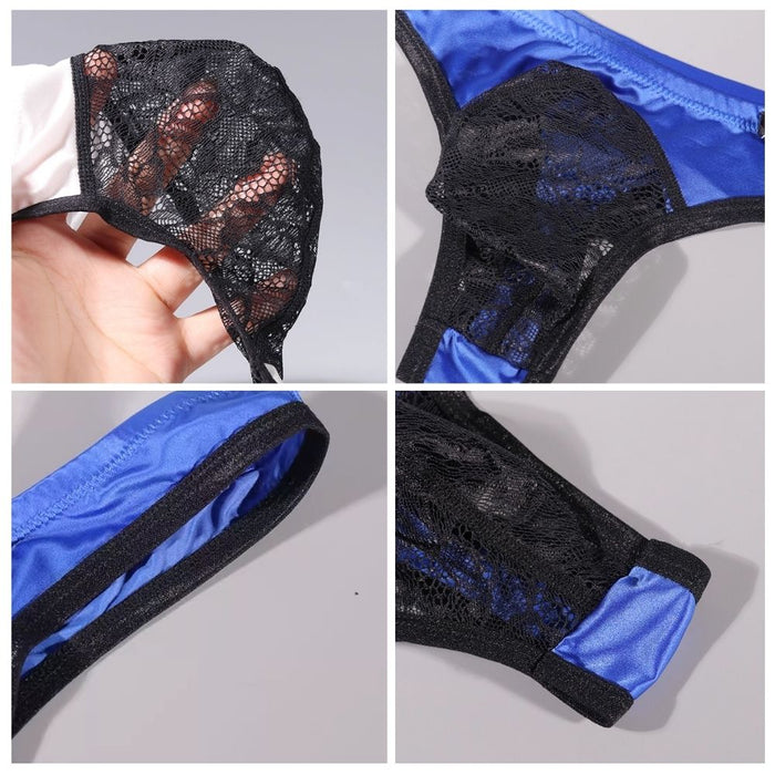 4-Pack Men's Low-Rise Satin Ice Silk Thongs with Lace-Pouch Paneling - JEWYEE AY 746