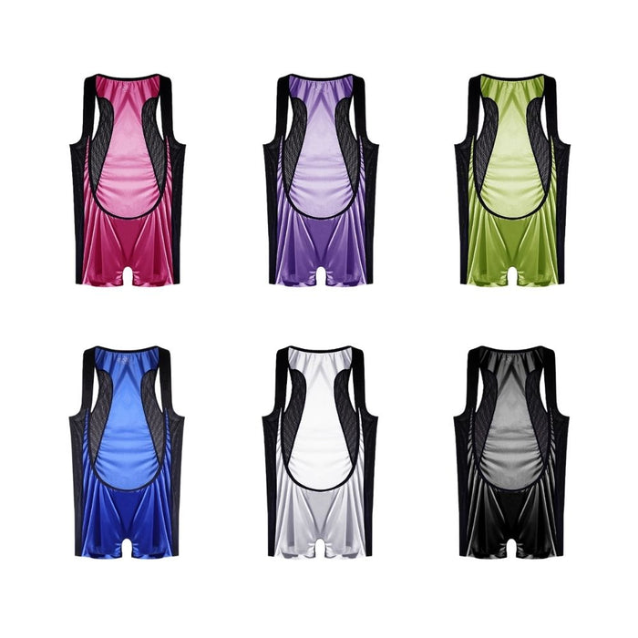 Men’s Satin Mesh Panel Ultra-Thin Ice Silk Bodysuit - JEWYEE AY 718