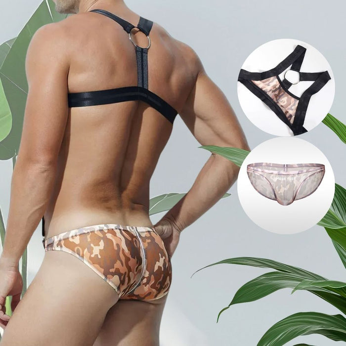 JEWYEE AY 617 / 618  - Men's Camo Sheer Mesh Bodysuit Set: Adjustable Strap Singlet & Detachable Briefs