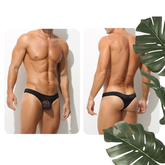 4-Pack Men's Low-Rise Satin Ice Silk Thongs with Lace-Pouch Paneling - JEWYEE AY 746
