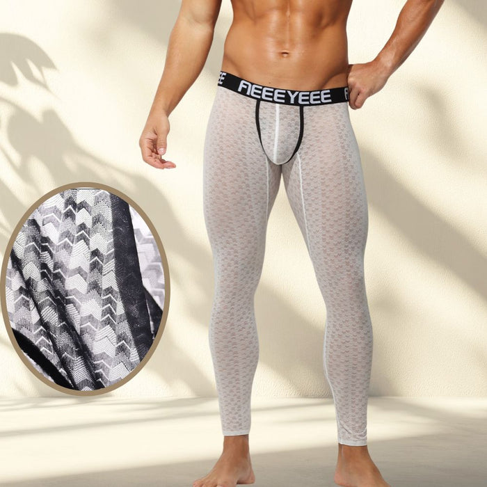 Men’s See-through Jacquard Ice Silk Low-Rise 3D Pouch Compression Leggings - JEWYEE AY 2009