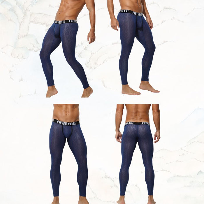 Men’s See-through Jacquard Ice Silk Low-Rise 3D Pouch Compression Leggings - JEWYEE AY 2009