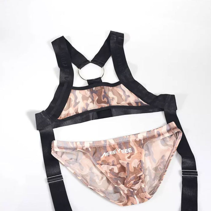 JEWYEE AY 617 / 618  - Men's Camo Sheer Mesh Bodysuit Set: Adjustable Strap Singlet & Detachable Briefs
