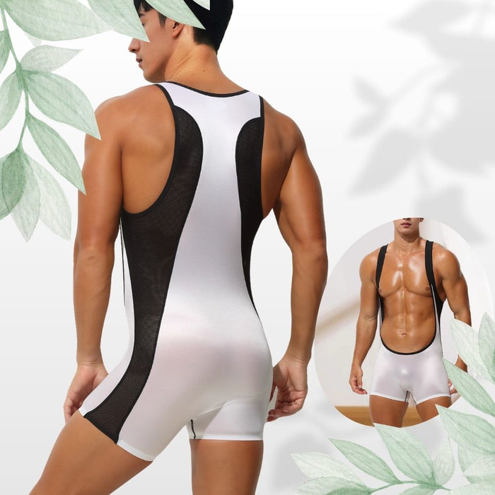 Men’s Satin Mesh Panel Ultra-Thin Ice Silk Bodysuit - JEWYEE AY 718