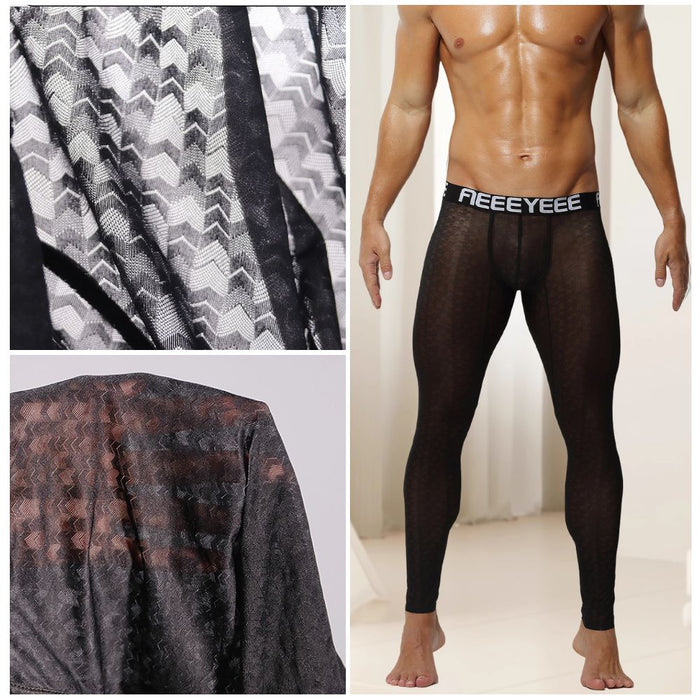 Men’s See-through Jacquard Ice Silk Low-Rise 3D Pouch Compression Leggings - JEWYEE AY 2009