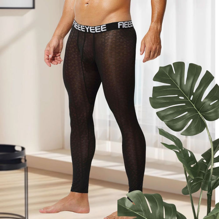 Men’s See-through Jacquard Ice Silk Low-Rise 3D Pouch Compression Leggings - JEWYEE AY 2009