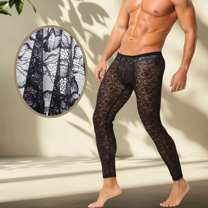 Men’s Sheer Lace Low-Rise 3D Pouch Compression Leggings - JEWYEE AY 745