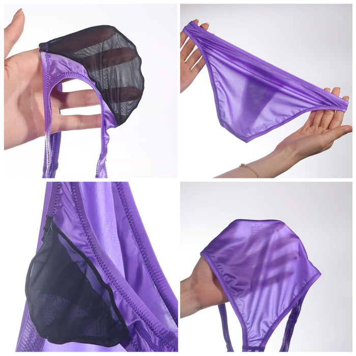 4-Pack Men’s Low-Rise Satin Ice Silk Briefs – Sheer Panels & Large Pouch Design - JEWYEE AY 731