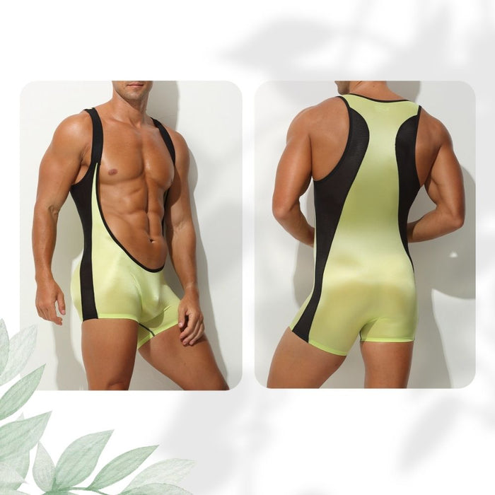 Men’s Satin Mesh Panel Ultra-Thin Ice Silk Bodysuit - JEWYEE AY 718