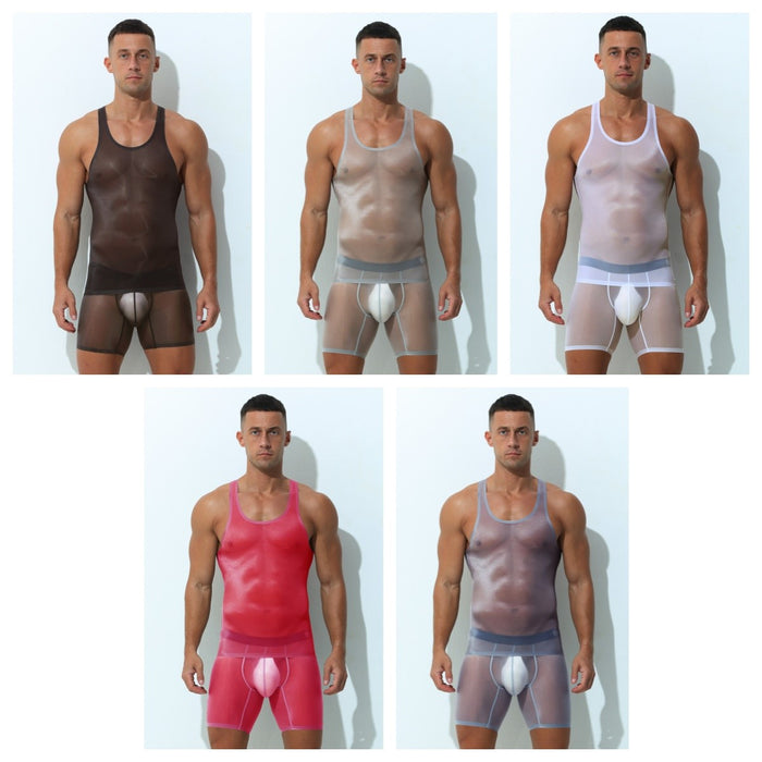 Men's See-through Ultra Thin Ice Silk Seamless Racerback Tank Top and Underwear  - JEWYEE AY 843