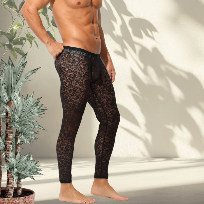 Men’s Sheer Lace Low-Rise 3D Pouch Compression Leggings - JEWYEE AY 745