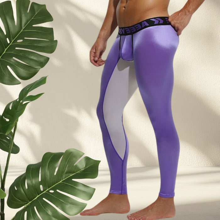 Men’s Two-Tone Satin Low-Rise 3D Pouch Compression Leggings - JEWYEE AY 737