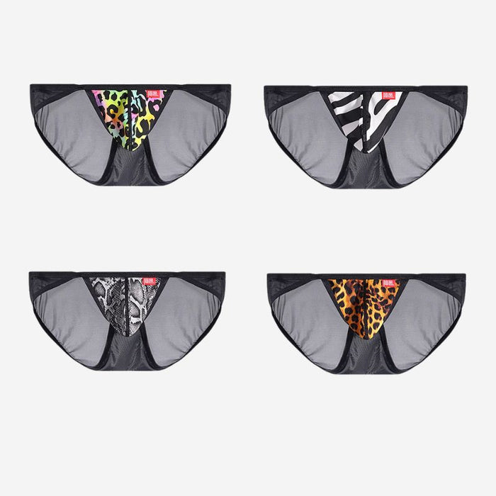 4-Pack Men’s Ice-Silk Sheer Back Briefs with Animal Print Pouch - JEWYEE AY 726