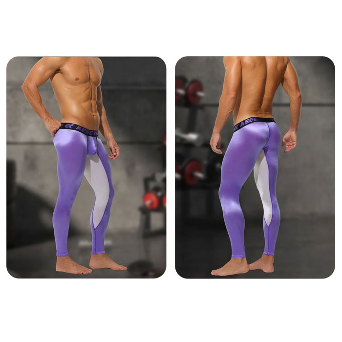 Men’s Two-Tone Satin Low-Rise 3D Pouch Compression Leggings - JEWYEE AY 737