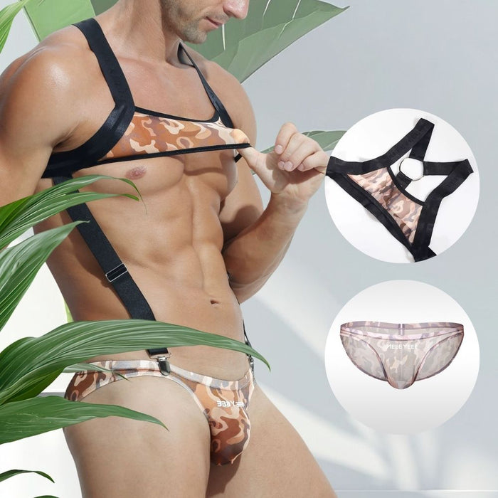 JEWYEE AY 617 / 618  - Men's Camo Sheer Mesh Bodysuit Set: Adjustable Strap Singlet & Detachable Briefs
