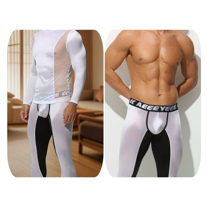 Men’s Two-Tone Satin Low-Rise 3D Pouch Compression Leggings - JEWYEE AY 737
