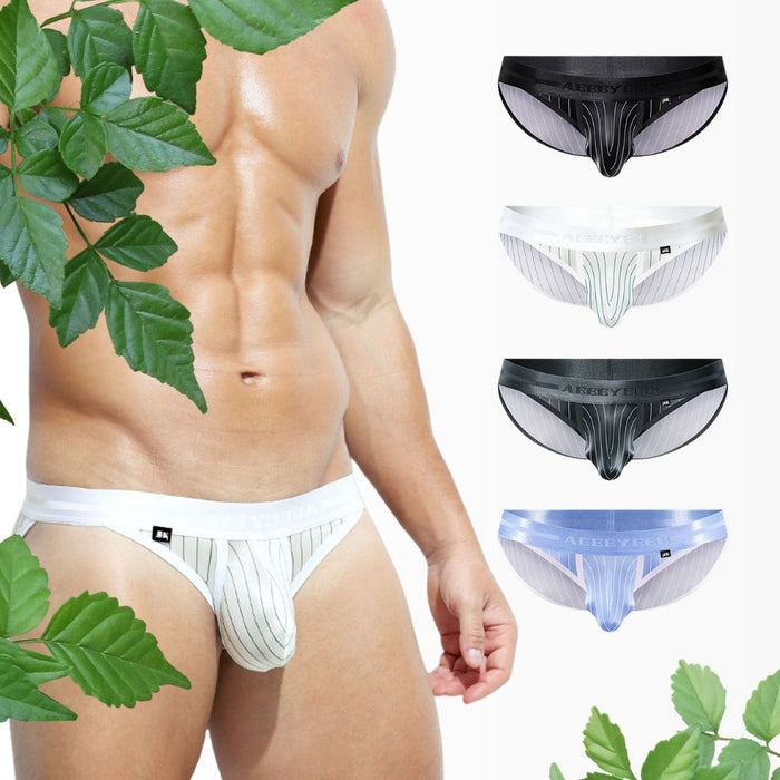 JEWYEE AY 795 - 4-Pack Men’s Satin Ice Silk Striped Briefs - Cooling, Breathable with Extended Contour Pouch