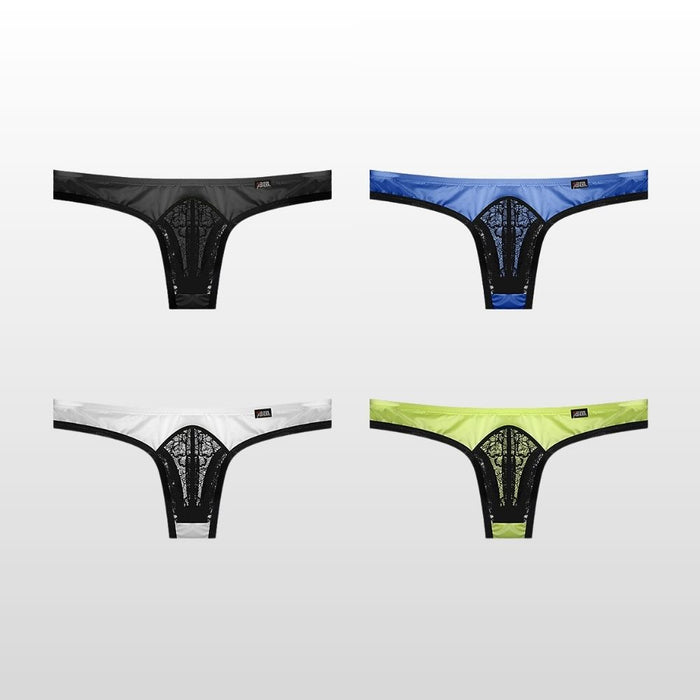 4-Pack Men's Low-Rise Satin Ice Silk Thongs with Lace-Pouch Paneling - JEWYEE AY 746