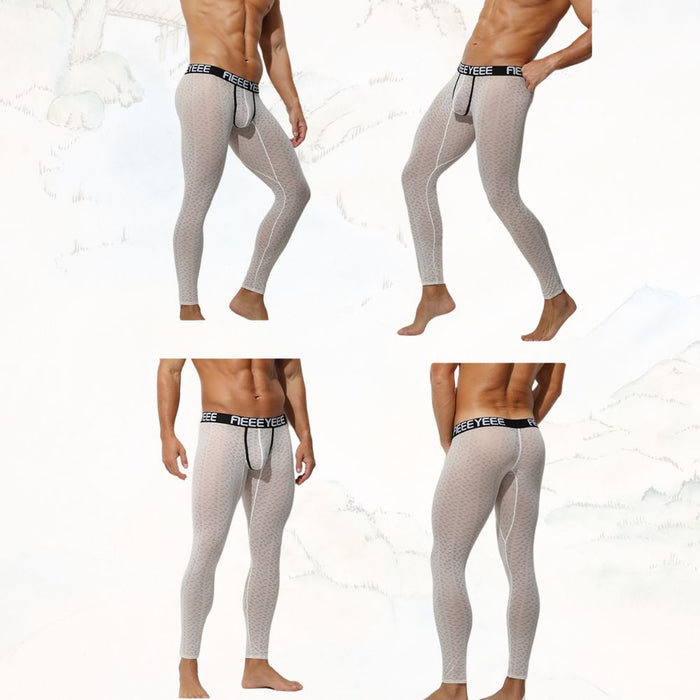 Men’s See-through Jacquard Ice Silk Low-Rise 3D Pouch Compression Leggings - JEWYEE AY 2009
