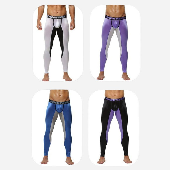 Men’s Two-Tone Satin Low-Rise 3D Pouch Compression Leggings - JEWYEE AY 737