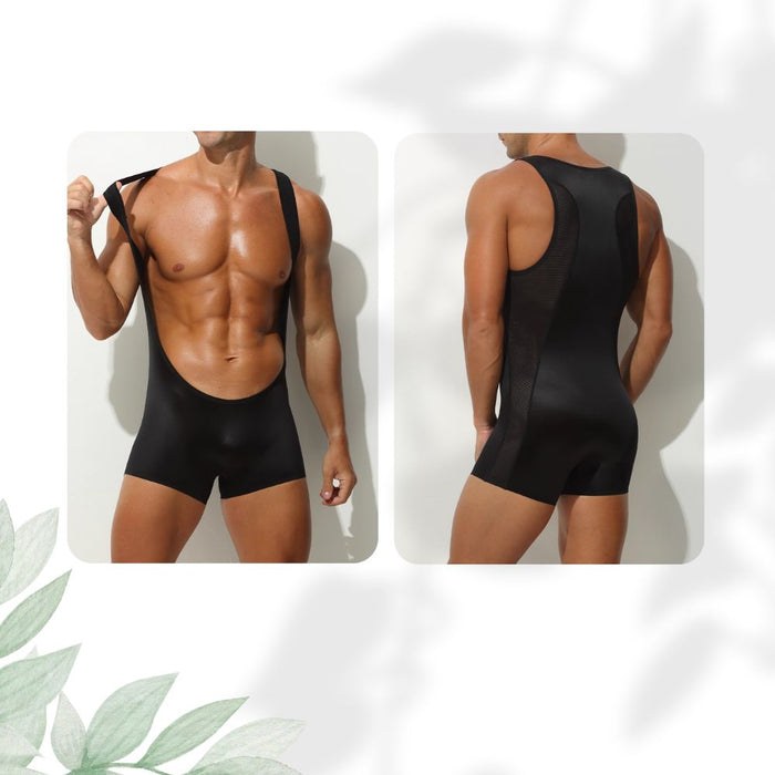 Men’s Satin Mesh Panel Ultra-Thin Ice Silk Bodysuit - JEWYEE AY 718