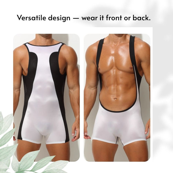 Men’s Satin Mesh Panel Ultra-Thin Ice Silk Bodysuit - JEWYEE AY 718