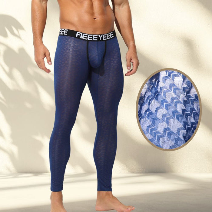 Men’s See-through Jacquard Ice Silk Low-Rise 3D Pouch Compression Leggings - JEWYEE AY 2009