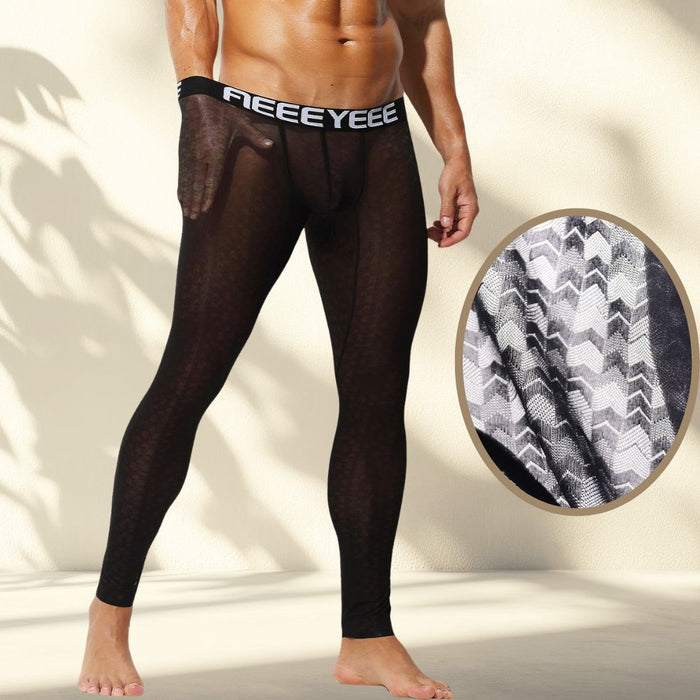 Men’s See-through Jacquard Ice Silk Low-Rise 3D Pouch Compression Leggings - JEWYEE AY 2009