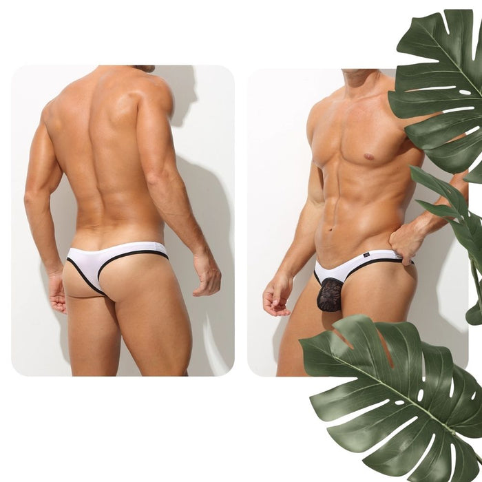4-Pack Men's Low-Rise Satin Ice Silk Thongs with Lace-Pouch Paneling - JEWYEE AY 746