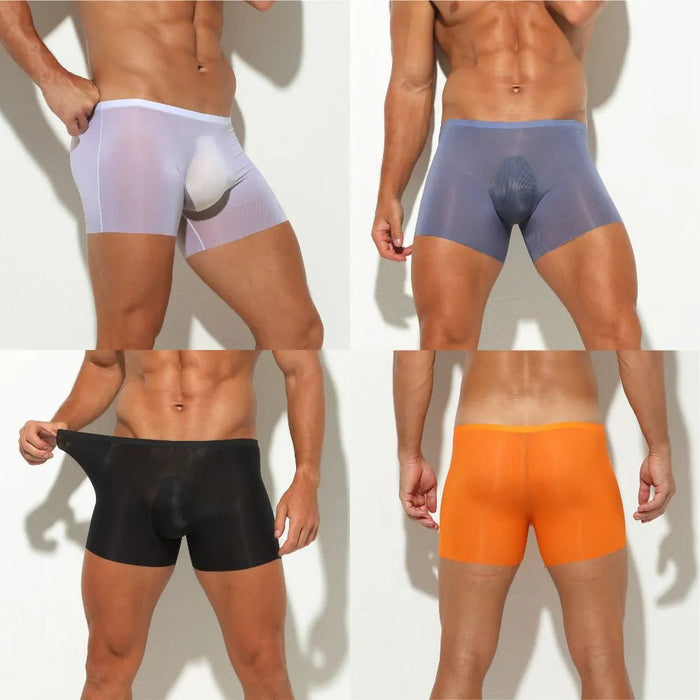 Men's  3D seamless pouch See-through Ribbed Ice Silk Trunks Up to Size XXL (5-Pack) JEWYEE AY 813